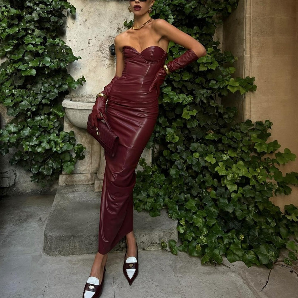 Damenbekleidung Elegantes sexy Schlauchtop-Kleid aus Kunstleder mit Trägern und seitlichem Schlitz