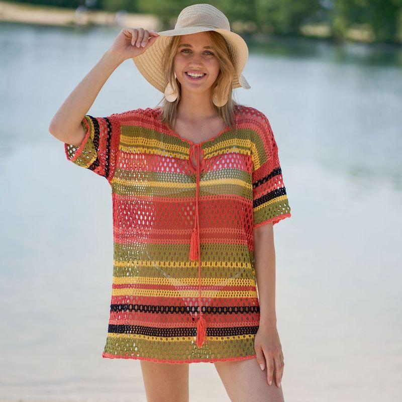 Maillot de bain en tricot à rayures colorées, cache-maillot de plage sexy ajouré, chemise de protection solaire pour les vacances, chemisier de bikini