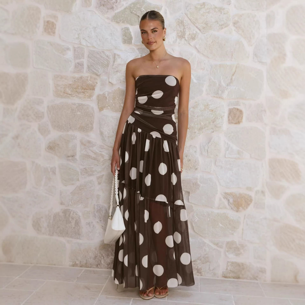 Belles Robes Maxi en Maille à Pois avec Poitrine Enveloppée et Épaules Dénudées pour l'Été