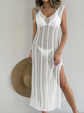 Damen Urlaub Strandrock Damenbekleidung Hohl geschnittenes gewebtes Hemd Weste Rock Langer Rock Sexy Schlitzkleid