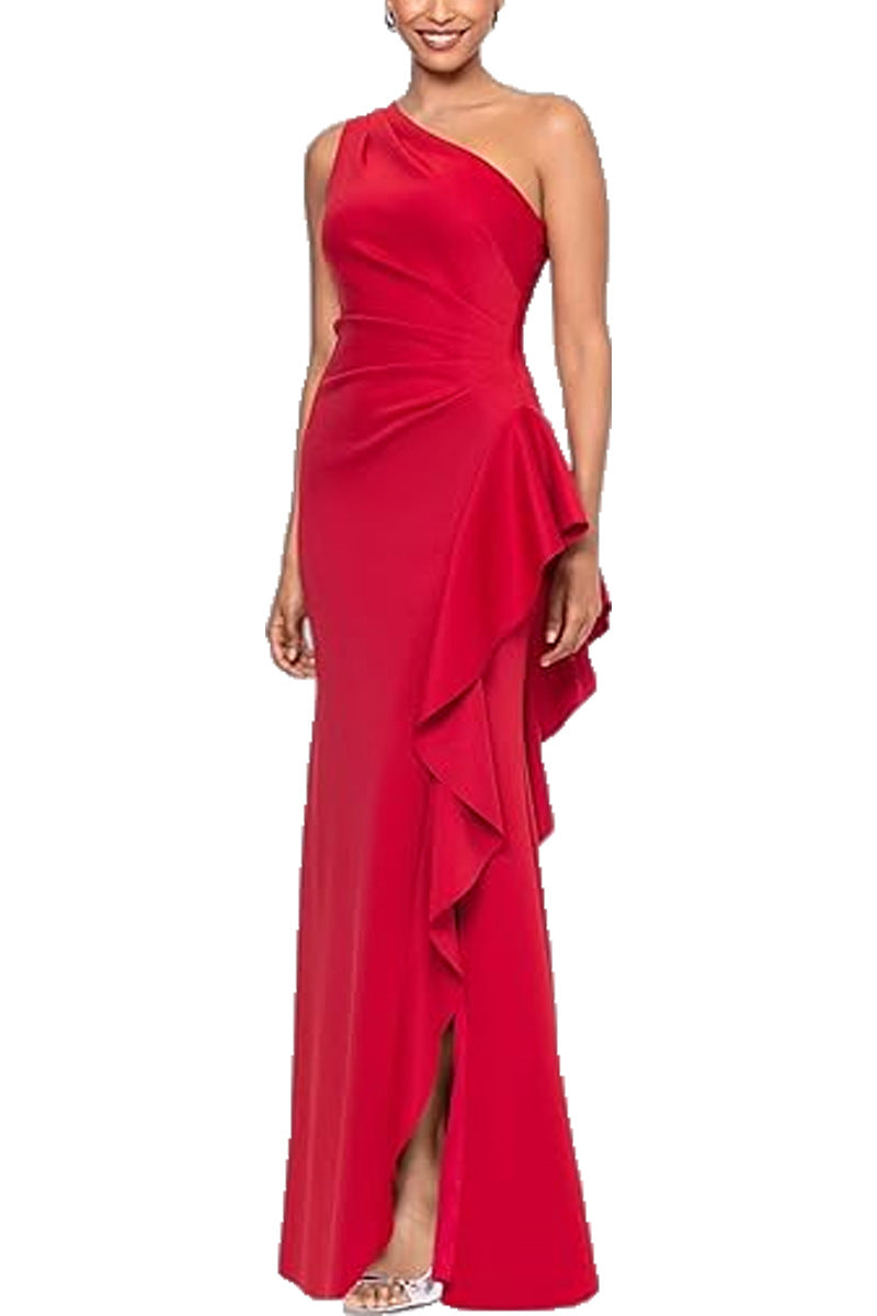 Ein-Schulter-Abendkleid mit elegantem Unifarbton, schmaler Taille, Schlitz und seitlichen Rüschen im Fishtail-Stil