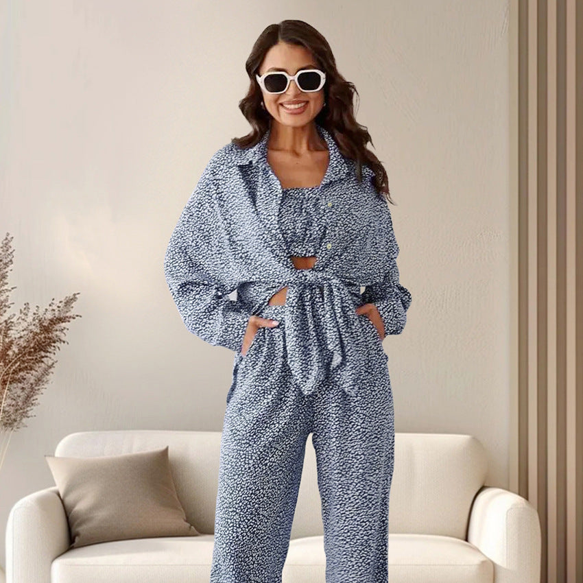 Pyjama imprimé léopard bleu automne, débardeur, cardigan, pantalon à manches longues pour femme