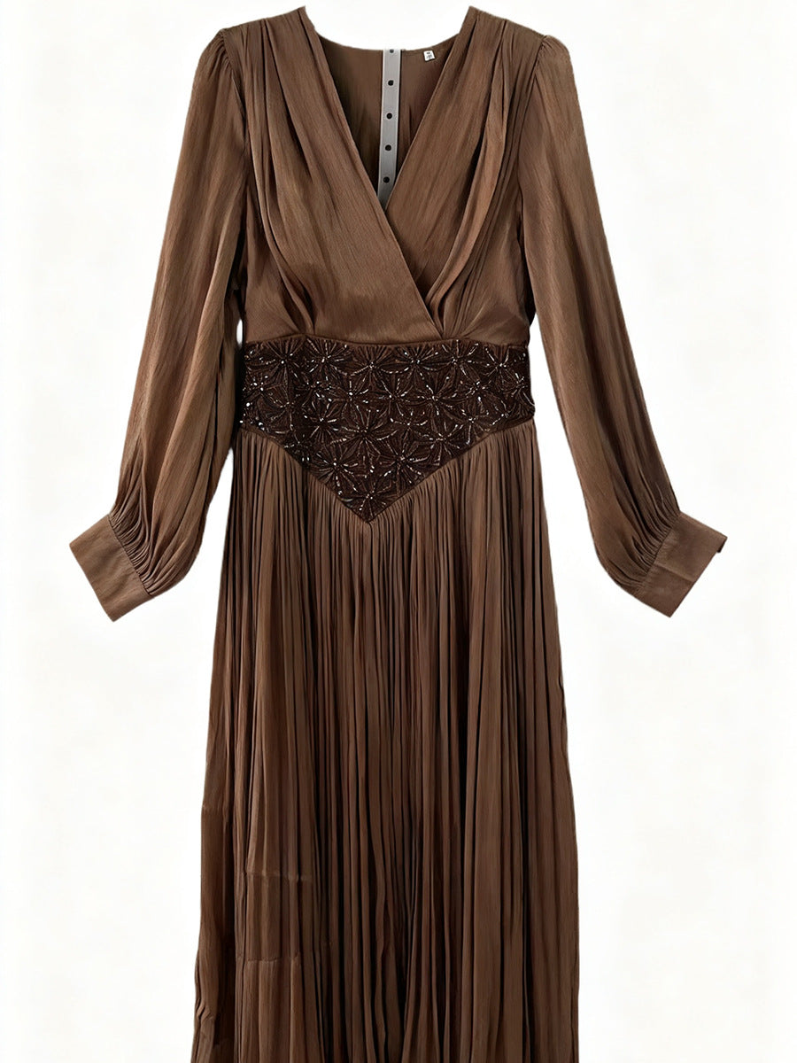 Elegantes Langarm-Kleid in Uni-Farbe mit Rautenmuster, Herbstkleid, hochwertiges figurbetontes Damenkleid mit Taillenbetonung