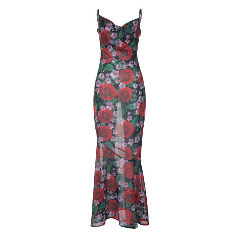 Frühlingshaftes, modisches, sexy V-Ausschnitt, elegantes, vielseitiges, schmal geschnittenes, langes bedrucktes Camisole-Kleid für Damen