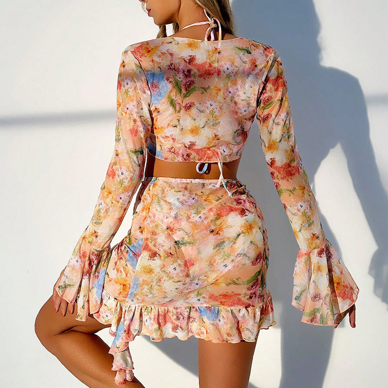 Maillot de Bain Impression Élégante Robe de Plage Bikini Ensemble Quatre Pièces Maillot de Bain Femme