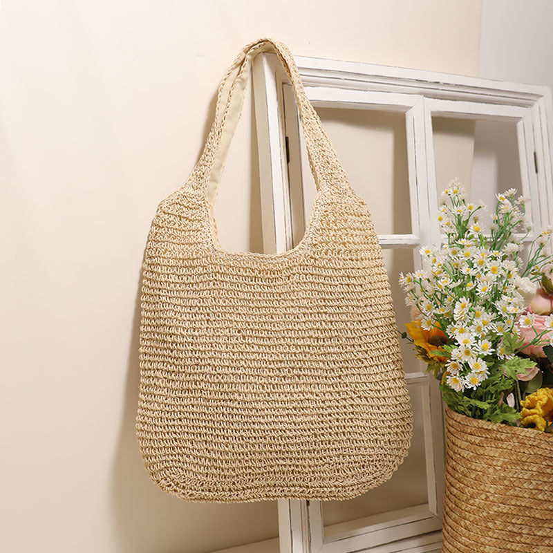 Grand sac à bandoulière en paille grande capacité, sac en paille simple, sac tissé, sac de plage de vacances, sac décontracté pour femme
