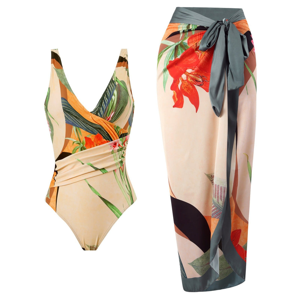 Zweiteiliger Bikini-Set, bauchbedeckend, bedrucktes, rückenfreies Scheidenkleid, Badeanzug