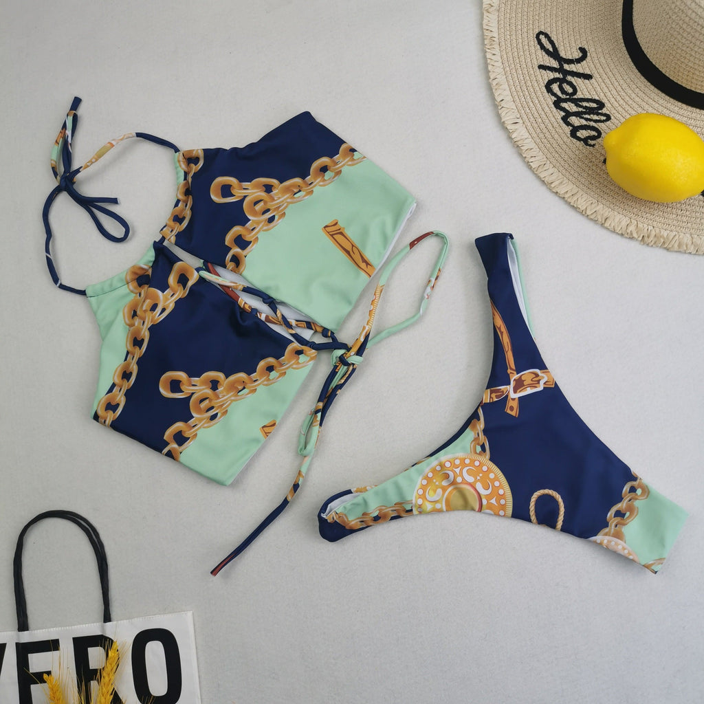 Neuer Bikini dreiteilig Damen Sexy High Waist Bedruckter Badeanzug Rock Barock