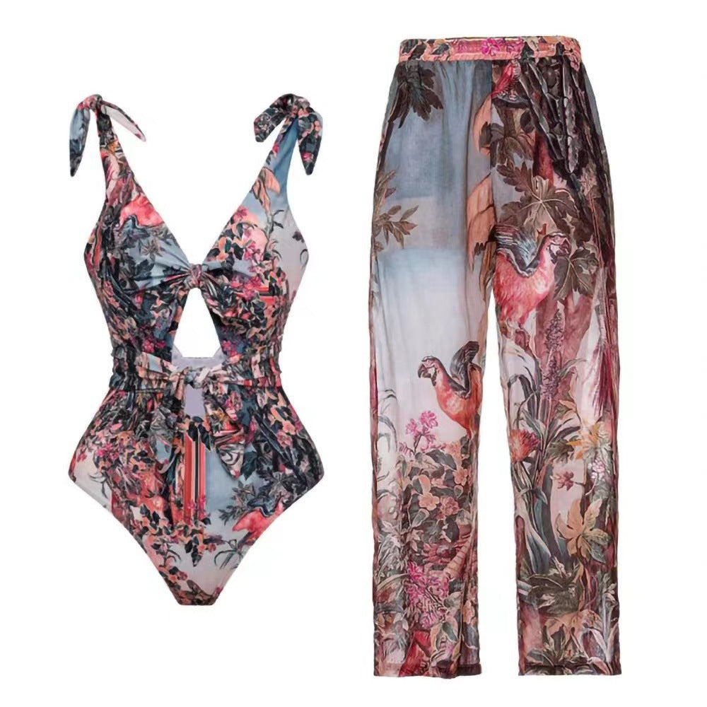 Frühlings-Einteiler-Badeanzug, sexy, mit Aufdruck, Netzstoff, hohe Taille, Hosen-Bikini