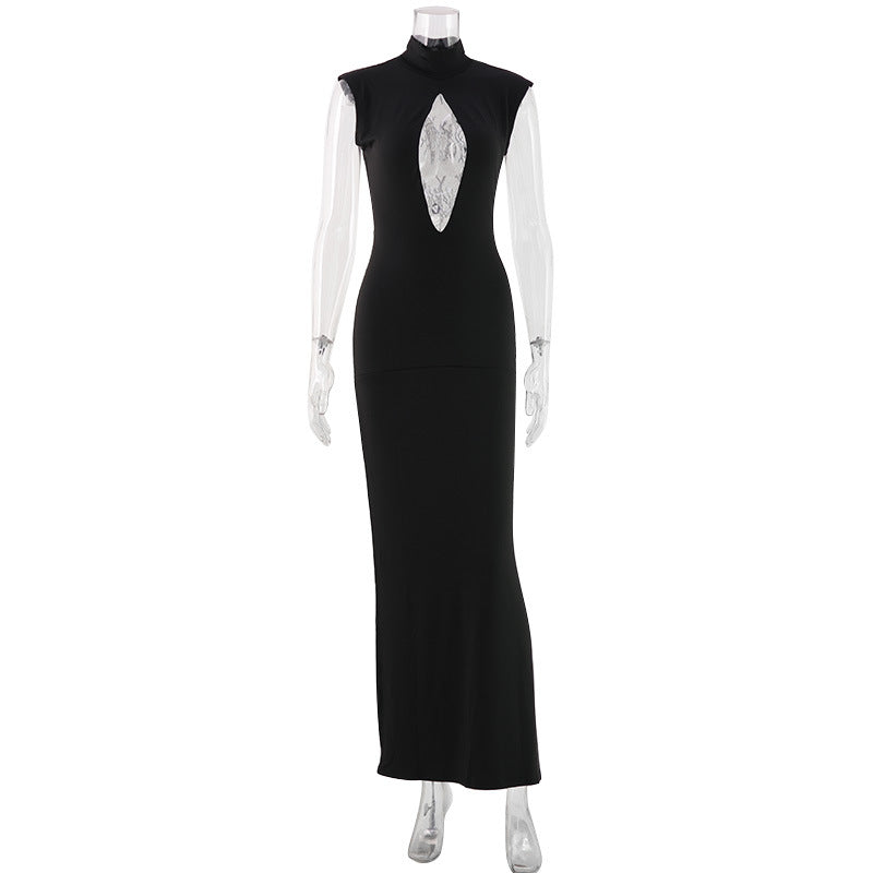 Damenbekleidung Schwarzes Modisches Eng Anliegendes Figurbetontes Kleid mit Stehkragen, Brustaussparung, Cut-Out und Netzstoff-Einsätzen