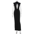 Damenbekleidung Schwarzes Modisches Eng Anliegendes Figurbetontes Kleid mit Stehkragen, Brustaussparung, Cut-Out und Netzstoff-Einsätzen