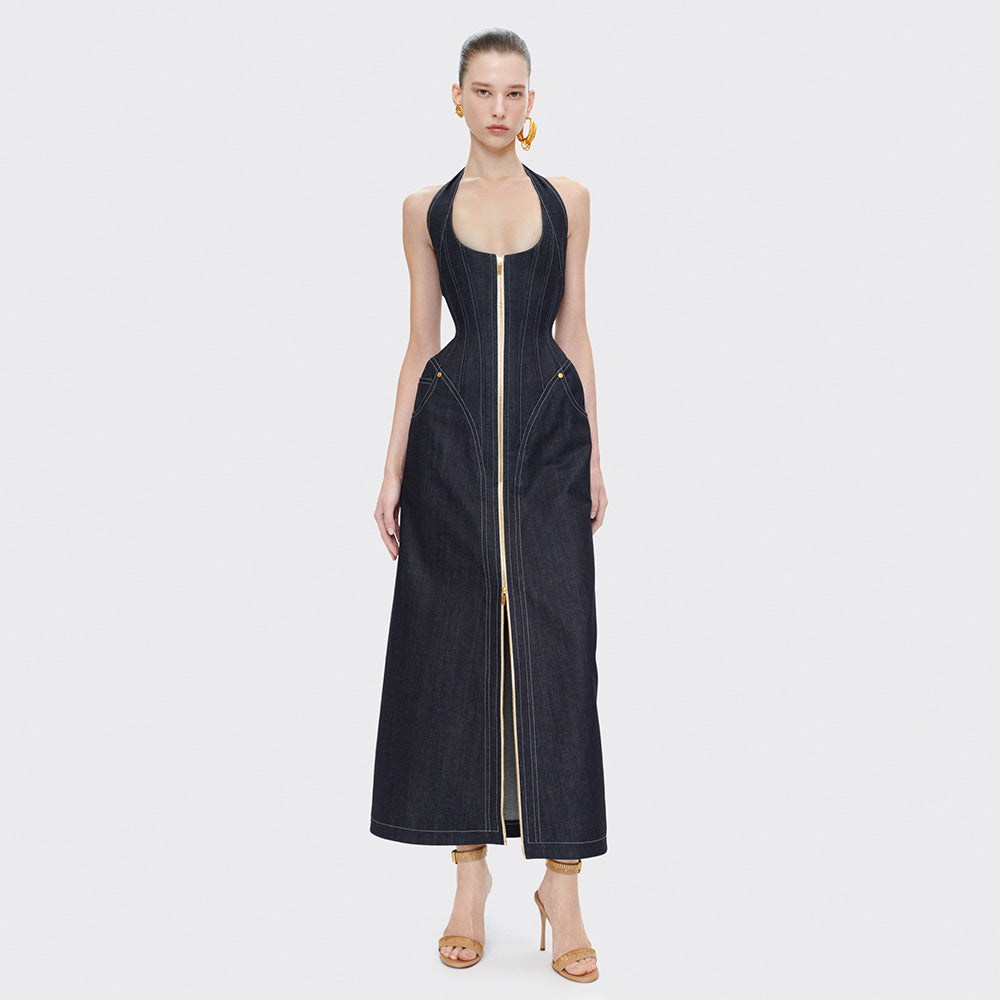 Robe fourreau d'été en jean, élégante, de couleur unie, sans manches, dos nu, coupe ajustée, à col halter