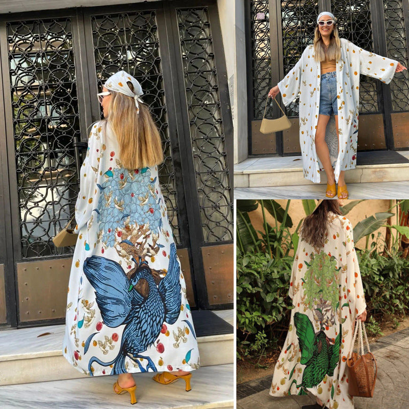 Polyester bedruckt Langer Sonnenschutz Cardigan Damen Badeanzug Outer Strand Cover Up Damen Urlaubs Strandmantel