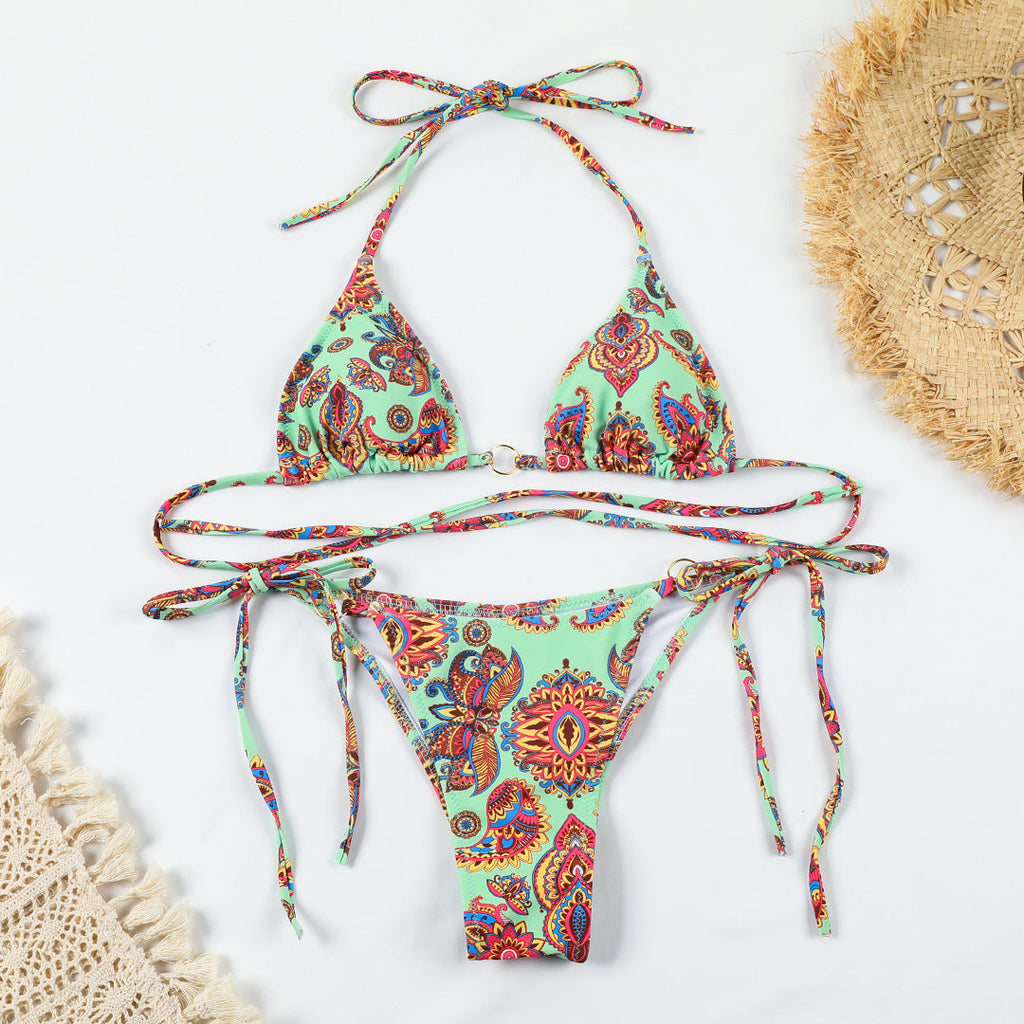 Sexy Bedruckter Rückenloses Split-Badeanzug Damen Schnürung Dreiring-Bikini