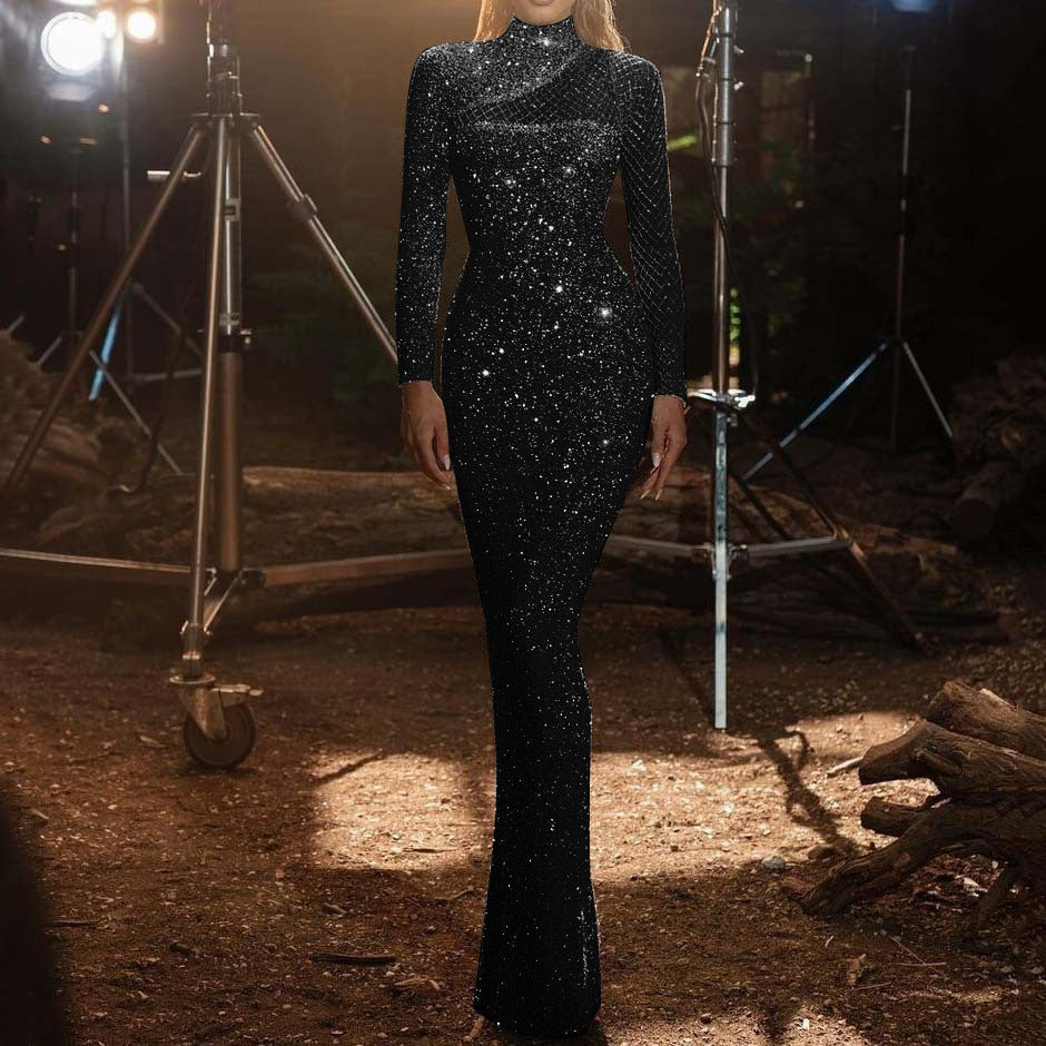 Damenbekleidung Kleid Hohl Cut-out Schulterfrei Bandeau Schmal Geschnittenes Mesh Paillettenkleid