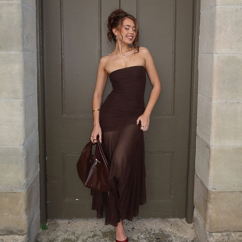 Robe Femme Printemps Sexy Bustier Épaules Dénudées Maille Couture