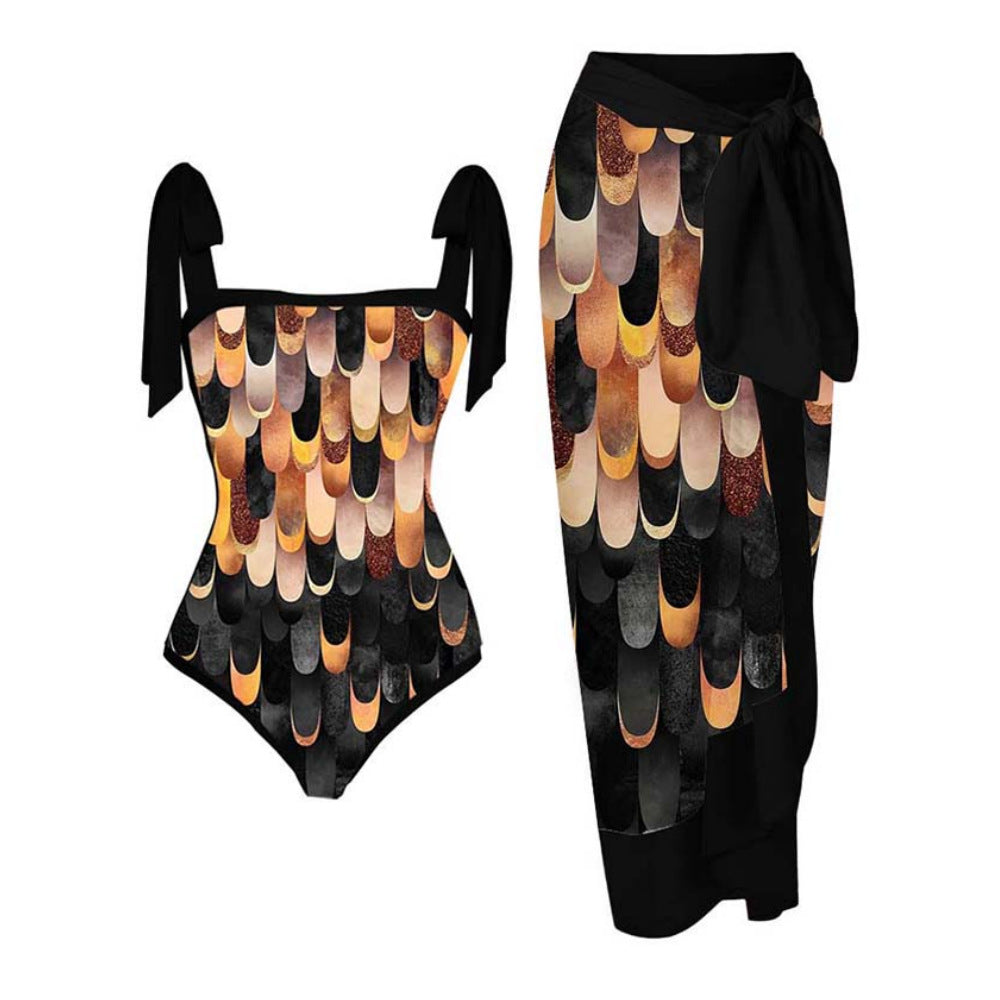 Maillot de bain deux pièces pour femme avec jupe en gaze imprimée multicolore, anti-transparence, protection solaire