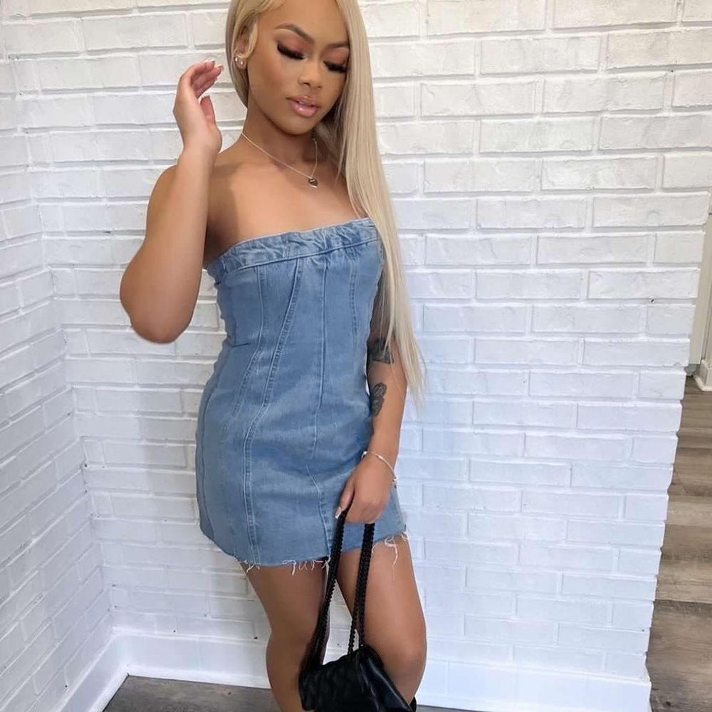 Robe Lavée Poitrine Enveloppée Sexy Dos Nu Denim Printemps Été Femme