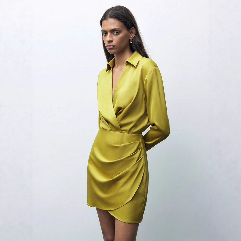 Robe plissée en satin pour femme automne, tout assorti