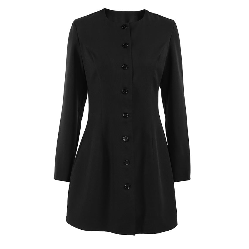 Robe trapèze élégante à col rond, manches longues, taille ajustée, coupe ajustée et blazer long pour femme, collection automne