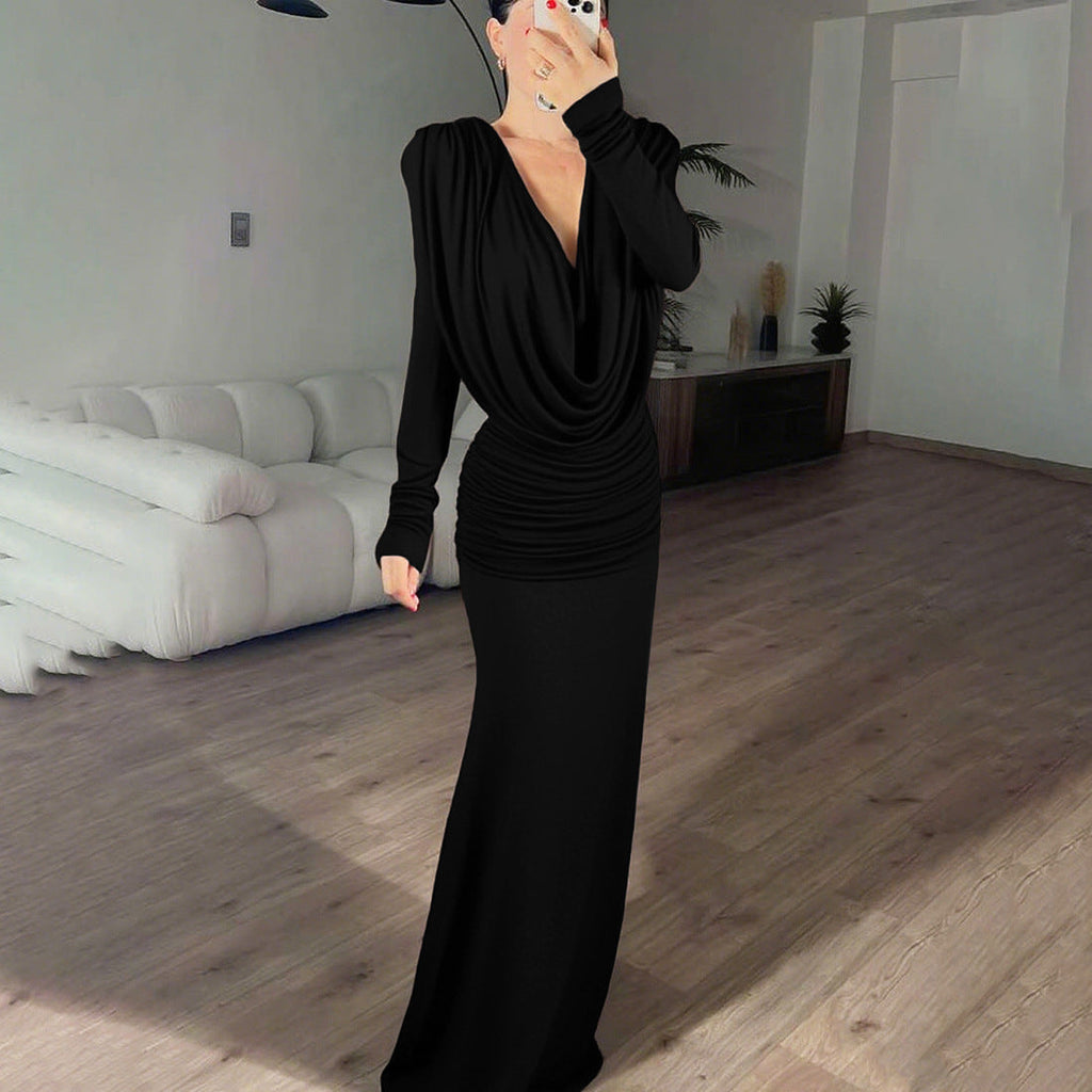 Robe longue plissée à manches longues unie, col décontracté, dos nu, coupe ajustée, pour femme, collection automne