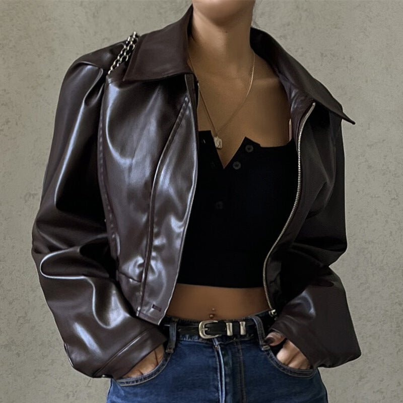 Damenkleidung Herbst Retro Kragen Reißverschluss Kunstleder Freizeitjacke Mantel