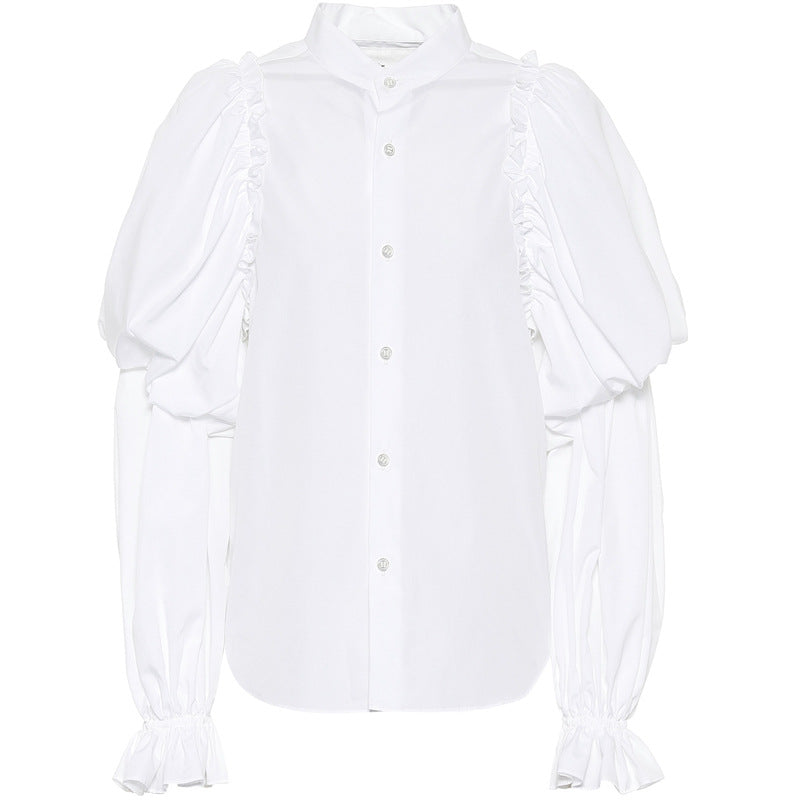 Chemise Femme Manches Longues Lanterne Chemise Femme Col Droit Blanc