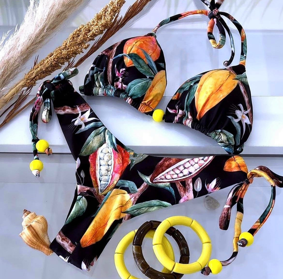 Bikini Digital bedruckt Sexy zum Schnüren Neckholder Triangel-Split-Badeanzug Damen