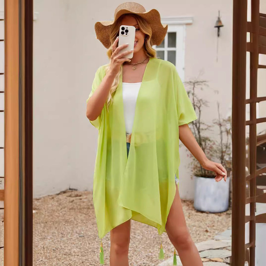Strandbluse Transparent Sexy Quaste Dünner Umhang Einfarbig Reise Sonnenschutz Strickjacke