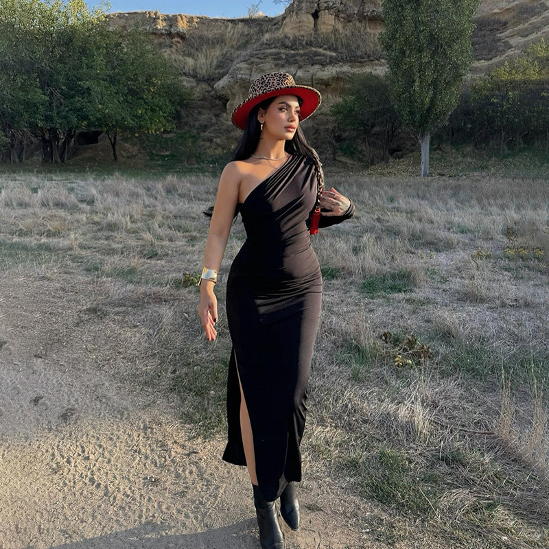 Herbst Elegantes Sexy Schlankes Schultergefaltetes Einschichtiges Ärmelkleid für Damen