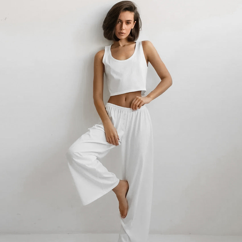 Ensemble deux pièces sans manches gilet et pantalon tricoté émerisé pour femme, collection Printemps-Été