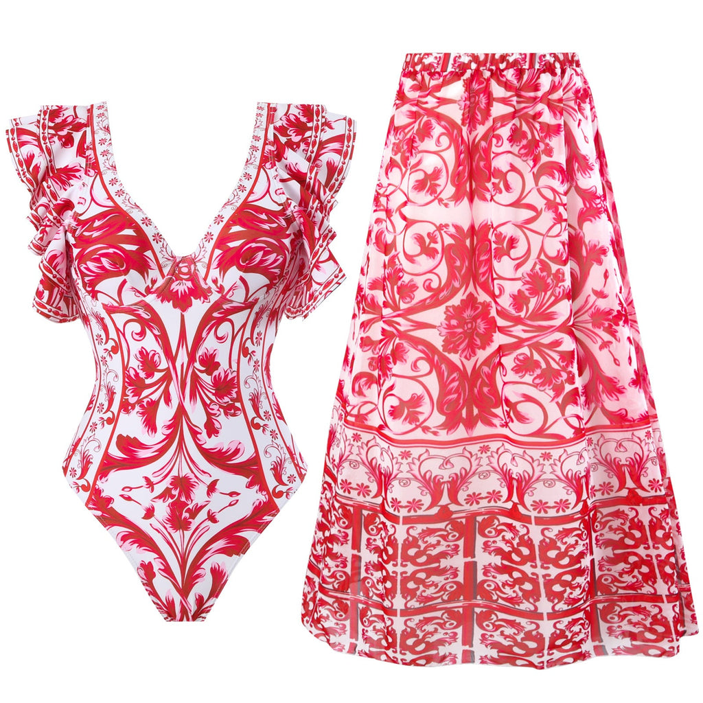 Frühlings-sexy-Badeanzug Damen Konservativer warmer bedruckter Badeanzug mit Wickelrock-Set