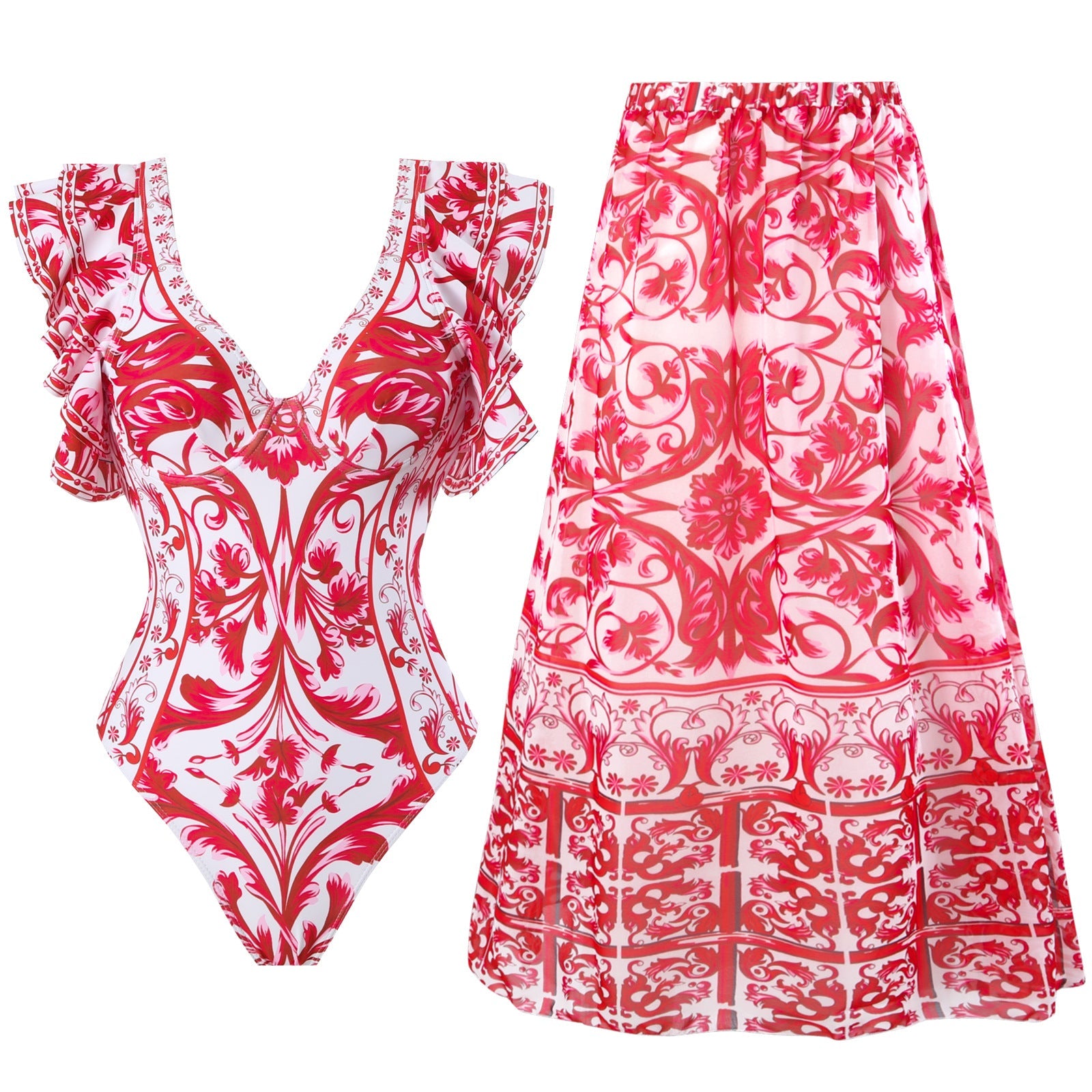 Frühlings-sexy-Badeanzug Damen Konservativer warmer bedruckter Badeanzug mit Wickelrock-Set