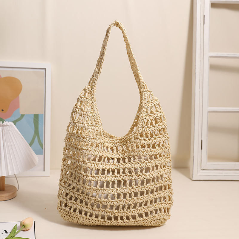 Grand sac à bandoulière en paille grande capacité pour femme, sac fourre-tout ajouré, sac en paille portable, sac tissé pour vacances à la mer et plage