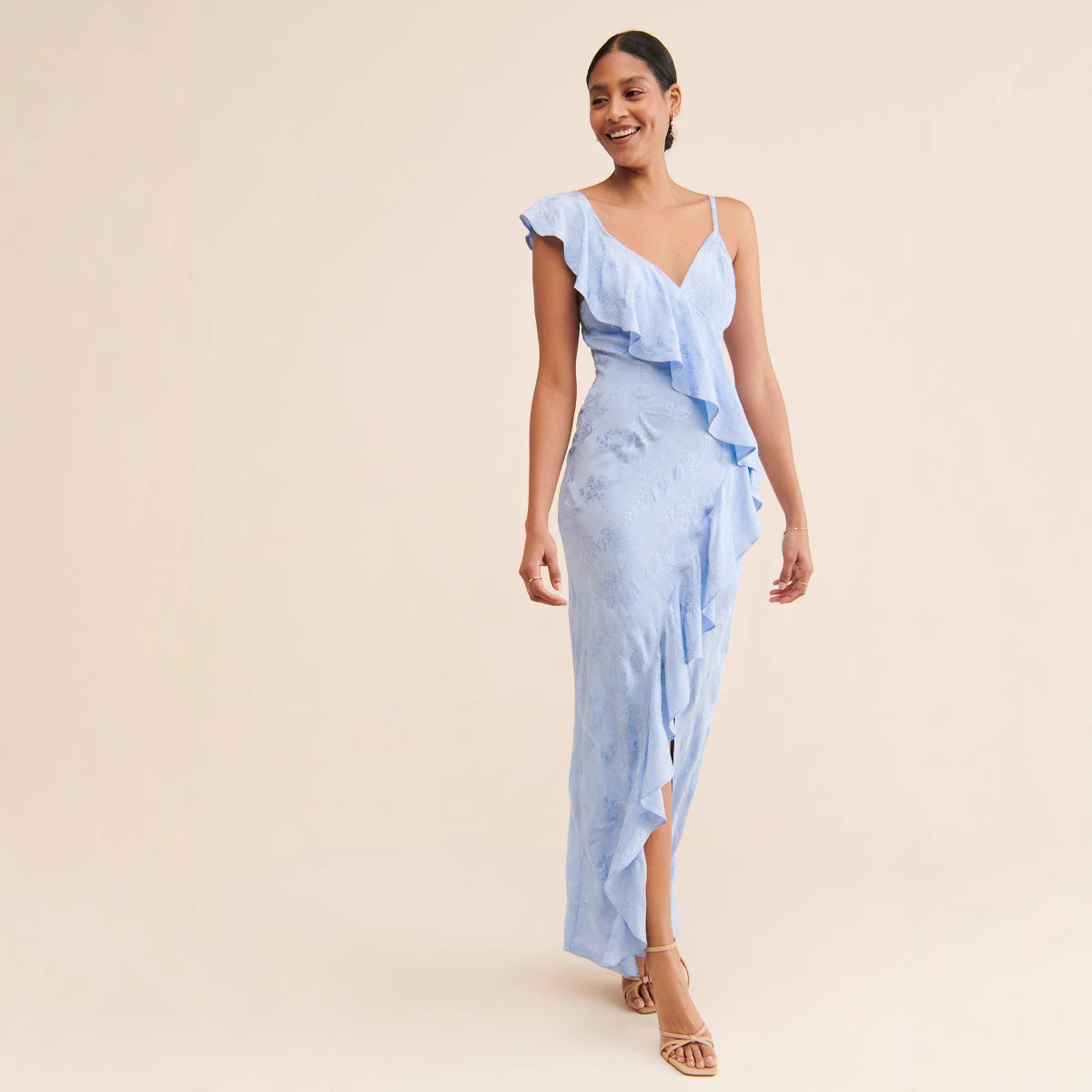 Robe de soirée élégante à fines bretelles, dos nu, fendue, collection printemps-été