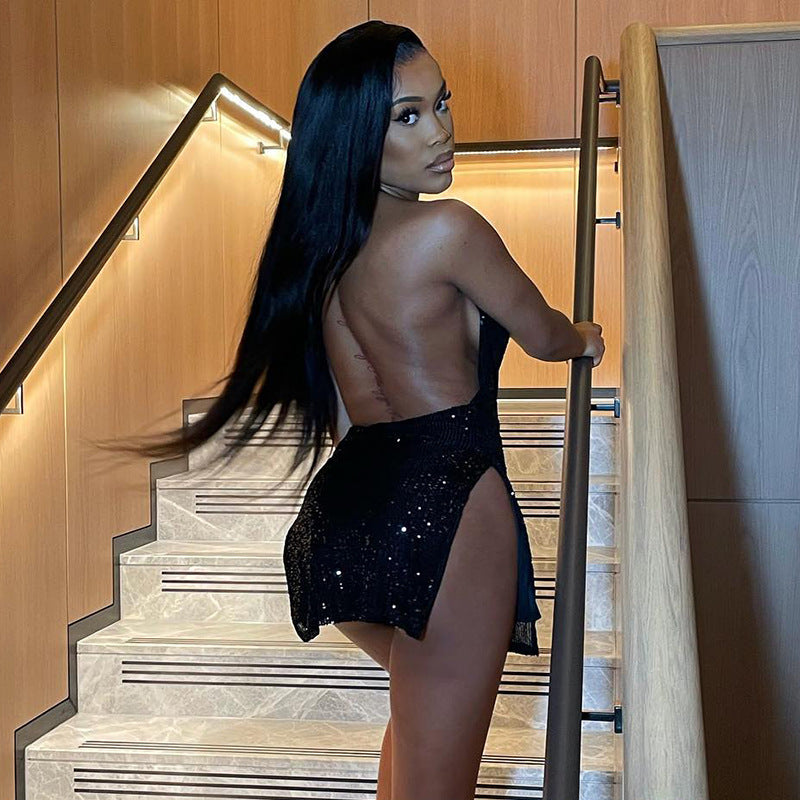 Robe courte slim pour femme, dos nu sexy, évidée, découpée, licou, coupe-vent