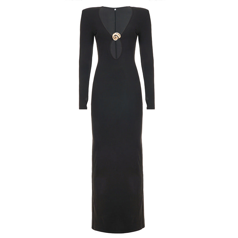 Französisches sexy Hepburn Nischen-V-Ausschnitt-Kleid mit Metallschnalle, dekoratives, figurbetontes Etuikleid, Maxikleid