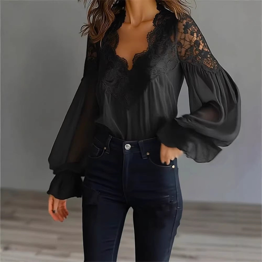 Chemise plissée à manches bouffantes et dentelle pour femme