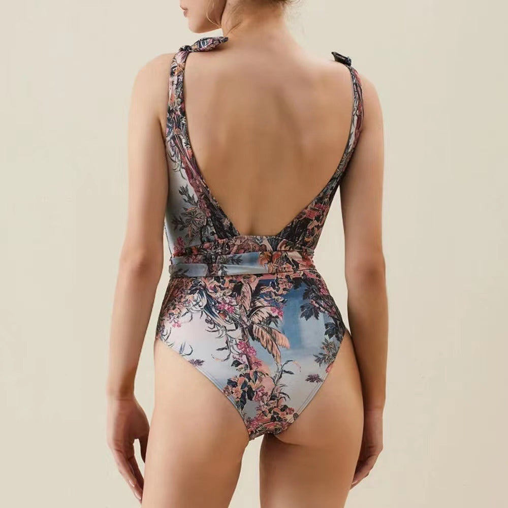 Frühlings-Einteiler-Badeanzug, sexy, mit Aufdruck, Netzstoff, hohe Taille, Hosen-Bikini