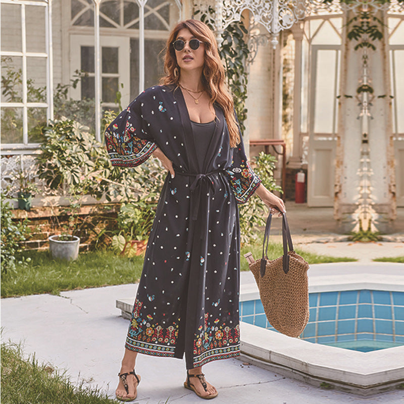 Cardigan de protection solaire long en rayonne imprimée pour femme, veste de plage, chemisier cache-maillot de bain