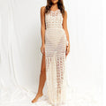 Robe de plage tricotée ajourée sexy fendue à pompons pour les vacances, maillot de bain