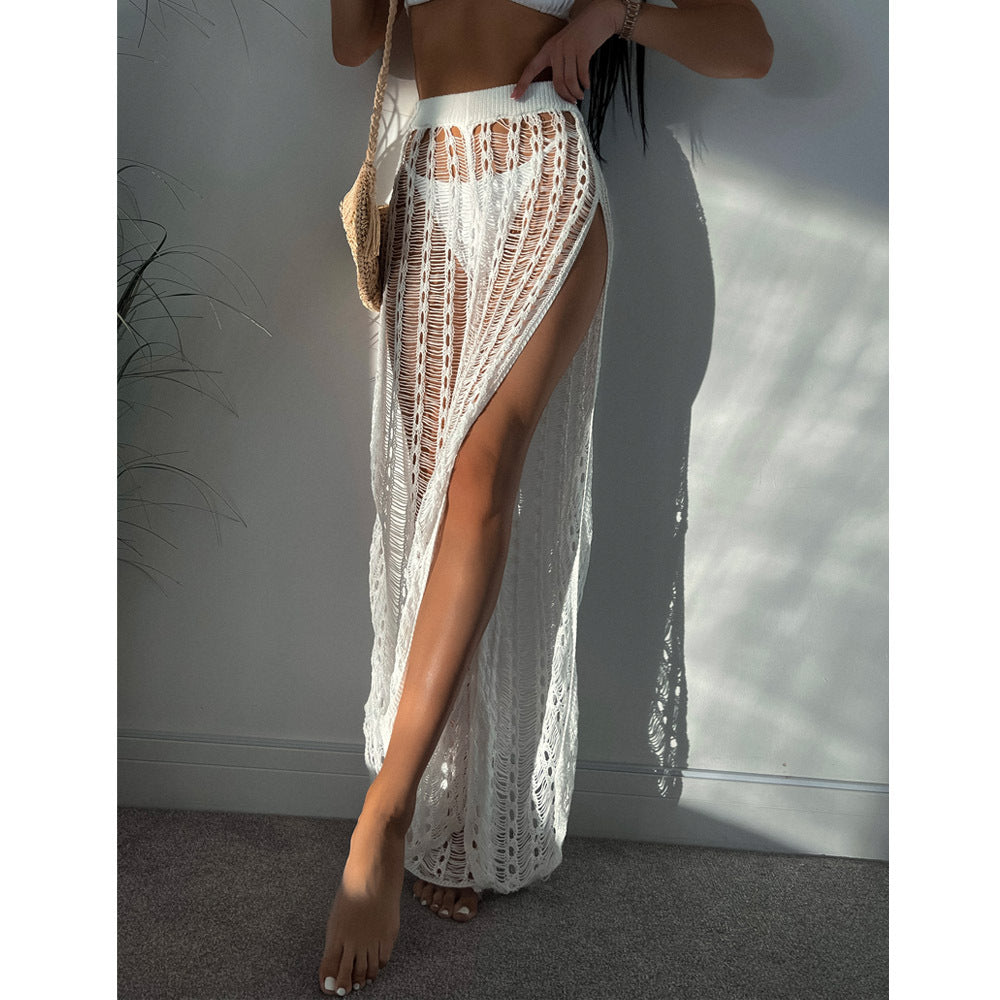 Urlaub Sexy Durchsichtiges Mesh Ausgehöhltes Hose mit Seitenschlitz Gestrickte Mop-Strandhose Damen