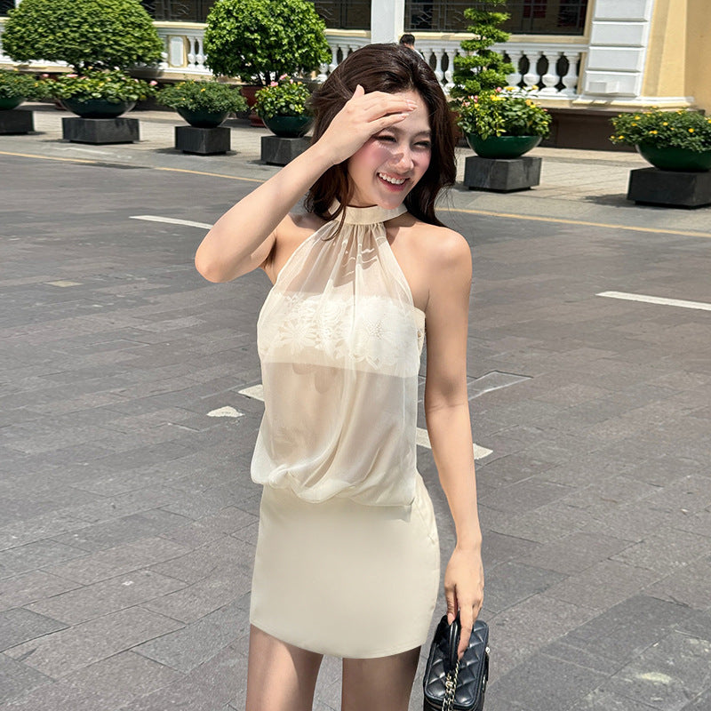 Sexy Mesh Durchsichtiges Nahtloses Ärmelloses Neckholder-Hüftkleid für den Frühling