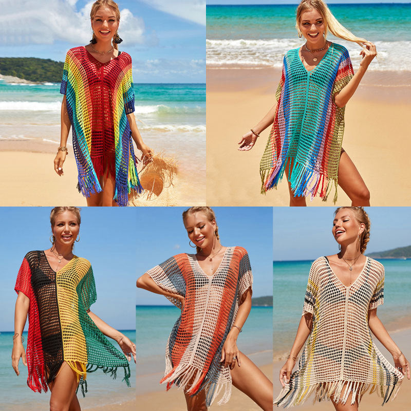 Regenbogenfarbe Aushöhlen Strand-Cover-up Urlaub Bikini-Cover Badeanzug Oberbekleidung Sonnenschutz Kleidung