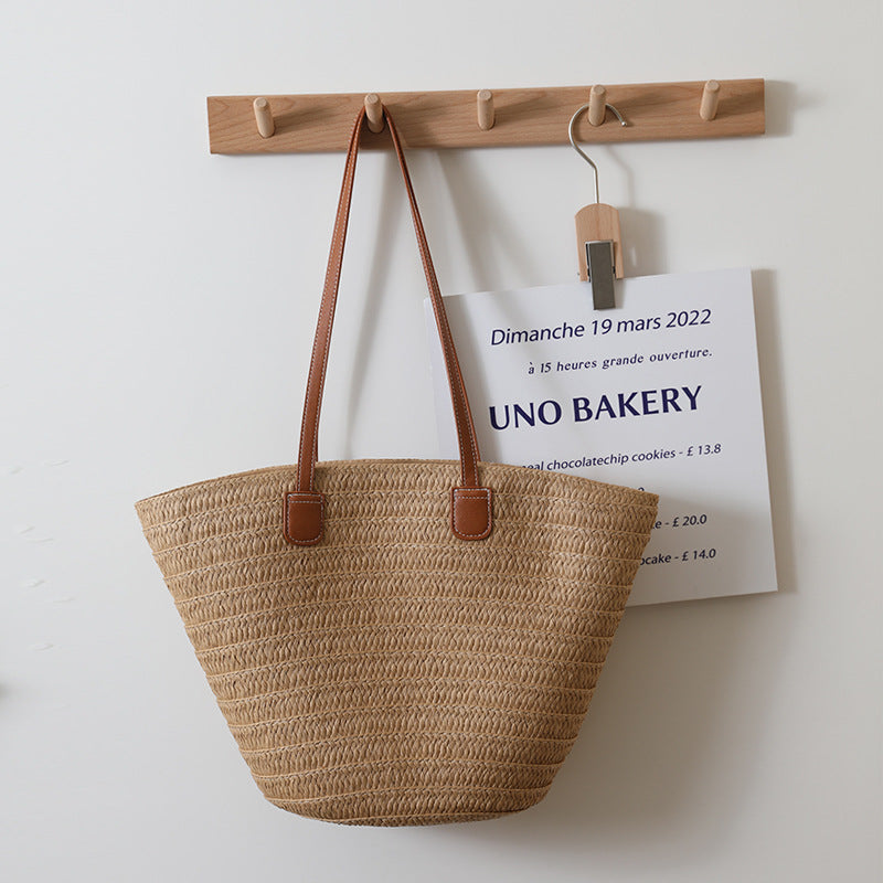 Sac à bandoulière en paille simple grande capacité, sac en paille tissé, sac fourre-tout, sac de plage pour femme pour les vacances à la mer