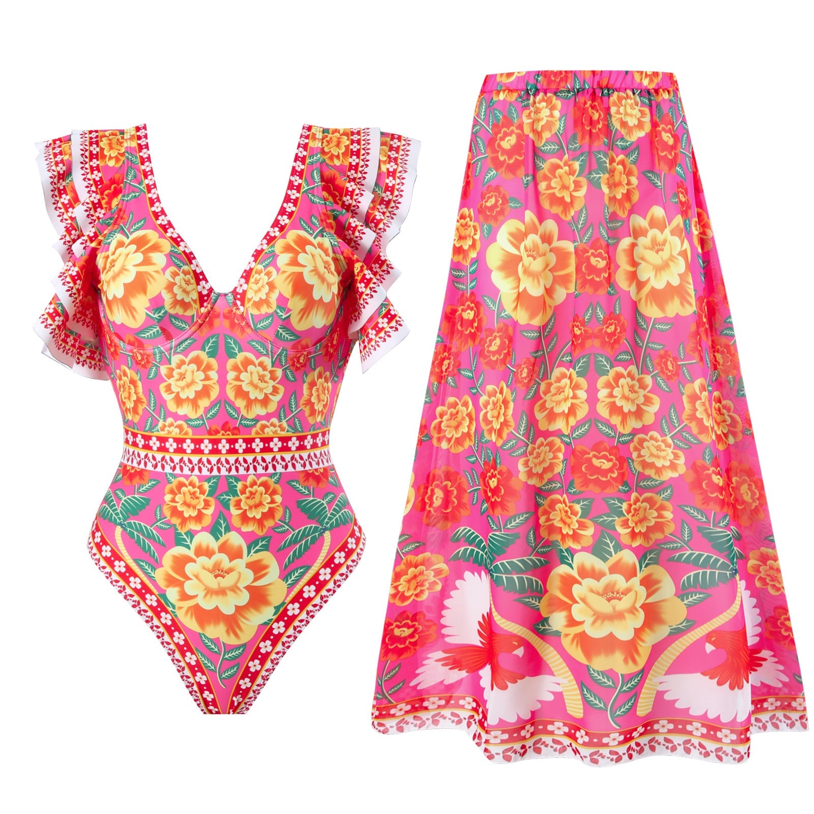 Frühlings-sexy-Badeanzug Damen Konservativer warmer bedruckter Badeanzug mit Wickelrock-Set