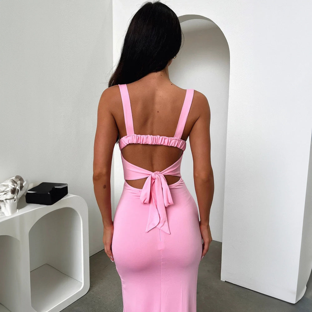 Robe d'été élégante sans manches fente dos nu à bretelles fourreau pour femme