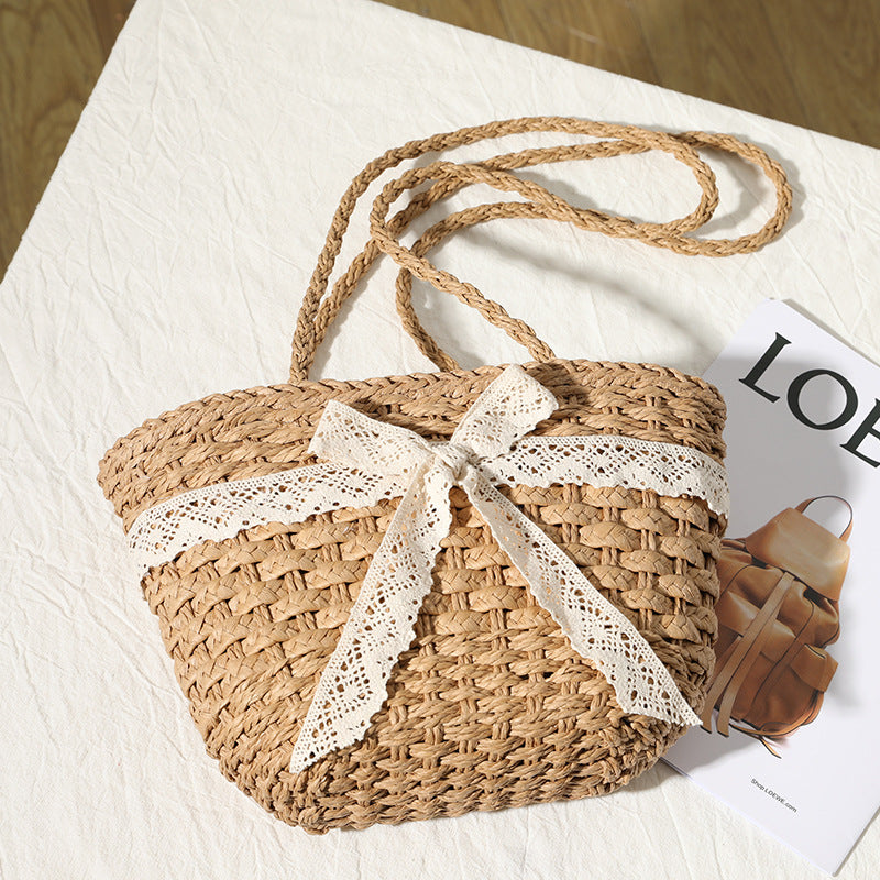 Sac en paille, nœud en dentelle, sac tissé, sac féerique pour vacances à la mer, sac de plage, sac pour femme