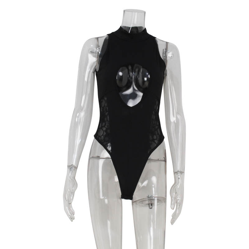 Sexy Damenbekleidung Ärmellos Half Turtleneck Hohe Taille Spitze Nähte Skinny Hollow Out Cutout Versuchung Hochelastischer Jumpsuit für Damen