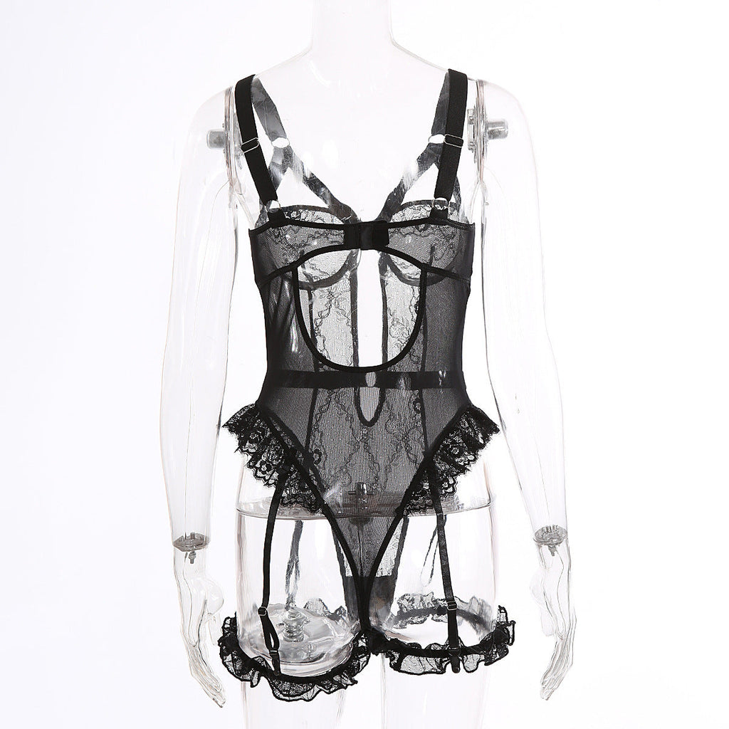 Combinaison Bodysuit Lingerie Sexy en Dentelle à Découpes Transparente avec Anneau de Jambe